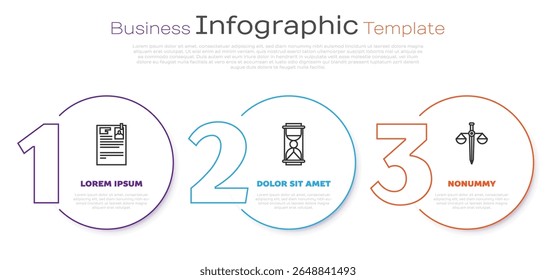 Set linha Papel de processo judicial, Ampulheta velha com areia e Escalas de justiça. Modelo de infográfico comercial. Vetor