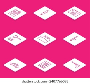 Set line Lawsuit paper, Pen, Retro audio cassette tape, Judge gavel, Inkwell, Police rubber baton, car and flasher and book icon. Vector