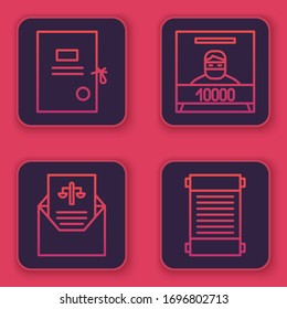 Set line Lawsuit paper, Subpoena, Wanted poster and Decree, paper, parchment, scroll. Blue square button. Vector
