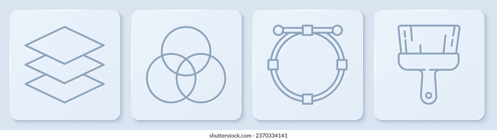 Establece capas de línea, círculo con curva Bezier, mezcla de colores RGB y CMYK y pincel de pintura. Botón cuadrado blanco. Vector
