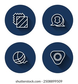 Set line Layers clothing textile, Leather, Yarn ball and Sewing chalk with long shadow. Blue circle button. Vector