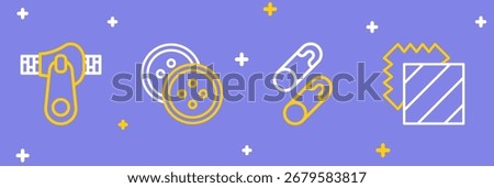 Set line Layers clothing textile, Closed steel safety pin, Sewing button for clothes and Zipper icon. Vector