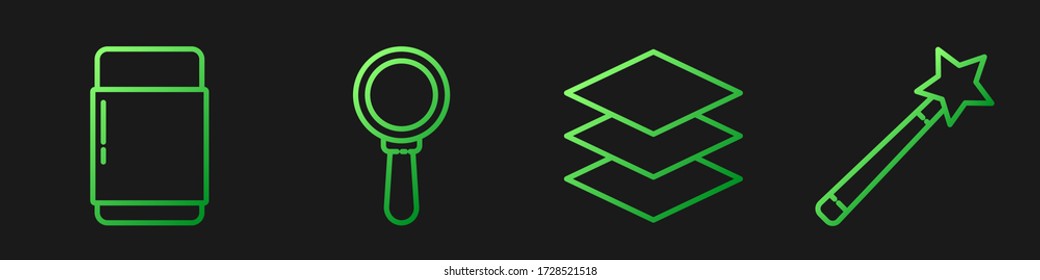 Set line Layers, Eraser or rubber, Magnifying glass and Magic wand. Gradient color icons. Vector