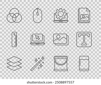 Set Linie Ebenen, Radiergummi oder Gummi, Laptop und Ausrüstung, Zauberstab, RGB CMYK Farbmischung, Cursor, Löffel malen und Text-Symbol. Vektorgrafik