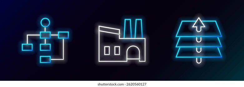 Set line Layers, Hierarchy organogram chart and Factory icon. Glowing neon. Vector