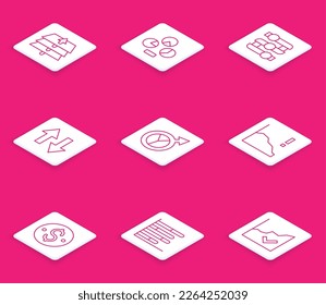 Set line Layers, Pie chart infographic, Graph, chart, diagram, Arrow, Financial growth, decrease, Dollar symbol and  icon. Vector