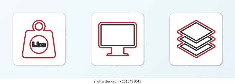 Establecer capas de línea, libras de peso e icono de pantalla de monitor de computadora. Vector