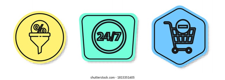 Set line Lead management, Clock 24 hours and Remove shopping cart. Colored shapes. Vector