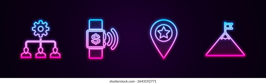 Establecer la línea de gestión de plomo, pago sin contacto, Locación con estrella y montañas y bandera. Icono de neón brillante. Vector