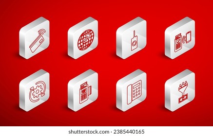 Establezca la gestión de plomo de línea, Globe con plano volante, control remoto, terminal POS, teléfono, pago sin contacto, y Gear y flechas como icono de flujo de trabajo. Vector