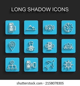 Set line Lead management, POS terminal, Plane, Project, Scientist and test tube, team base and Hourglass gear icon. Vector