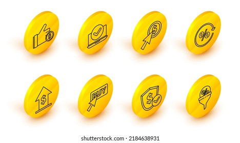Set line Lead management, Shield with dollar, Buy button, Financial growth and coin, Discount percent tag, Cursor, Laptop and Hand holding icon. Vector