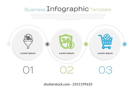 Establecer la línea de gestión de plomo, escudo con dólar y añadir al Carrito de compras. Plantilla de infografía de negocios. Vector