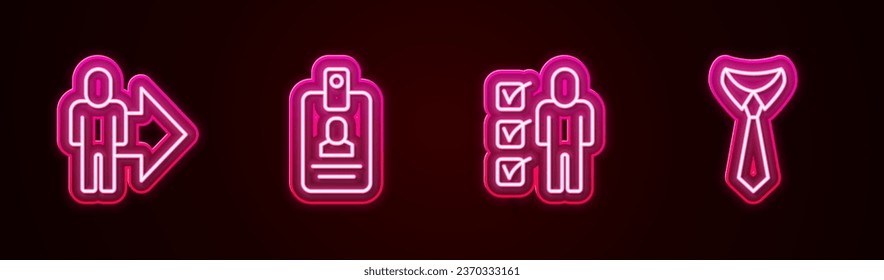 Set line Leader of a team of executives, Identification badge, Resume and Tie. Glowing neon icon. Vector