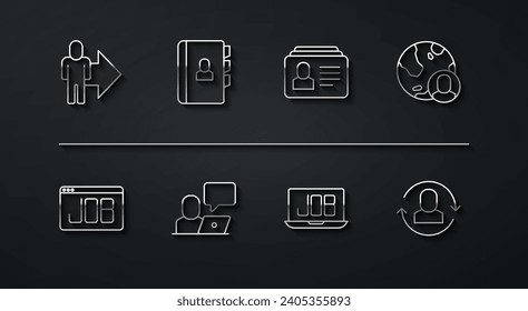 Establecer línea Líder de un equipo de ejecutivos, Buscar trabajo, Globo y personas, Freelancer, Reanudar, Intercambiar trabajo e icono. Vector