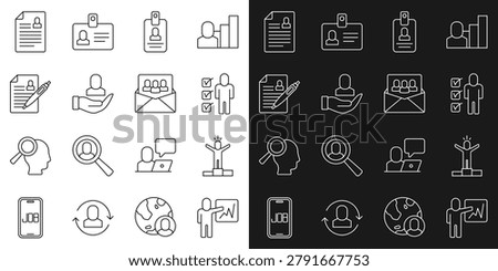 Set line Leader of a team of executives, Productive human, Resume, Identification badge, Worker,  and Project base icon. Vector