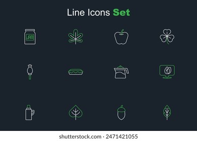 Set line Hoja, Bellota, Contenedor de termos, Locación con hoja, Tetera, Pastel casero e ícono de amapola de opio. Vector