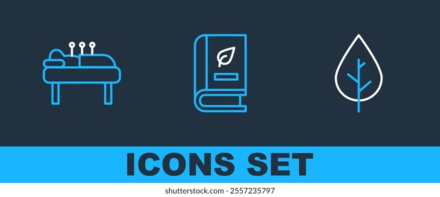 Set line Leaf, Acupuncture therapy and Medical book icon. Vector