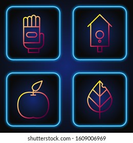 Set line Leaf, Apple, Garden gloves and Retro wall watch. Gradient color icons. Vector