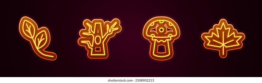 Set line Leaf, Bare tree, Mushroom and Canadian maple leaf. Glowing neon icon. Vector