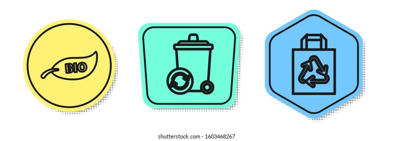 Set line Leaf Bio symbol, Recycle bin with recycle symbol and Paper shopping bag with recycle. Colored shapes. Vector