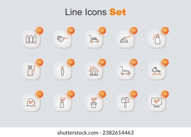 Set line Leaf, Bird house, Plant in pot, Garden sprayer for water, Watering can, Lawn mower and Farm icon. Vector
