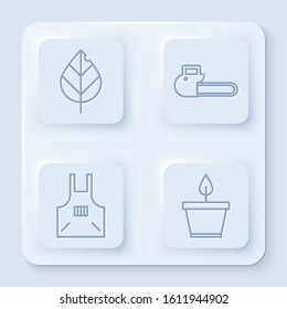 Set line Leaf, Chainsaw, Kitchen apron and Plant in pot. White square button. Vector