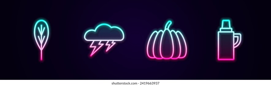 Set line Leaf, Cloud and lightning, Pumpkin and Thermos container. Glowing neon icon. Vector