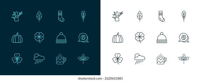 Set line Leaf, Cloud with rain and sun, Winter hat, Cup of tea, Four leaf clover, Socks, Bare tree and  icon. Vector
