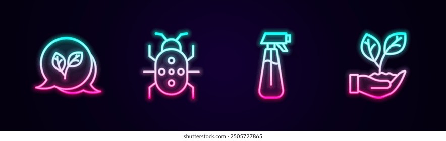 Set line Leaf, Colorado beetle, Garden sprayer for water and in hand. Glowing neon icon. Vector