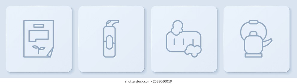 Set line Leaf document, Bar of soap with foam, Spray can for hairspray and Kettle handle. White square button. Vector