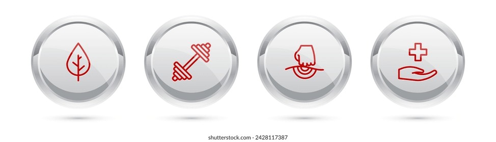 Set line Leaf, Dumbbell, Massage and Cross hospital medical. Silver circle button. Vector