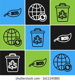 Set line Leaf Eco symbol, Recycle bin with recycle symbol and Planet earth and a recycling icon. Vector