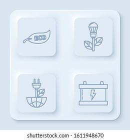 Set line Leaf Eco symbol, Light bulb with leaf, Electric saving plug in leaf and Car battery. White square button. Vector