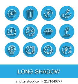 Set line Leaf Eco symbol, Earth melting to global warming, globe and leaf, shop, Electric saving plug, Sprout and Solar energy panel icon. Vector