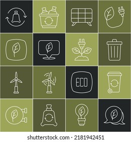 Fijar el símbolo Leaf Eco de línea, Papelera de reciclaje, Basura, panel de energía solar, Ubicación con hoja, Reciclaje de bolsas de basura e Icono de enchufe de ahorro eléctrico. Vector