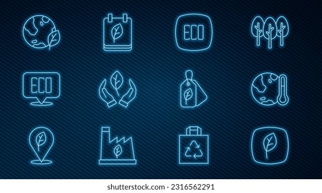 Set line Leaf Eco symbol, Earth melting to global warming, hand, globe leaf, Tag with and Calendar autumn leaves icon. Vector