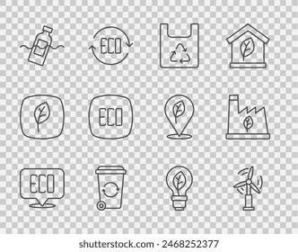 Set line Leaf Eco symbol, Wind turbine, Shopping bag with recycle, Recycle, The problem of pollution, Light bulb leaf and Plant recycling garbage icon. Vector