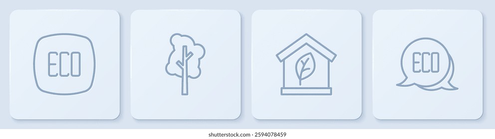 Set line Leaf Eco symbol, friendly house, Tree and . White square button. Vector