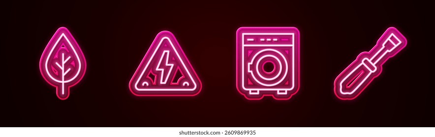 Set line Leaf Eco symbol, High voltage, Washer and Screwdriver. Glowing neon icon. Vector