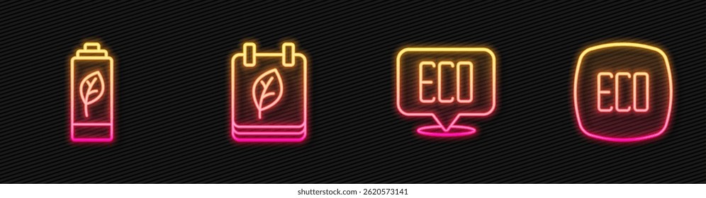 Set line Leaf Eco symbol, nature leaf battery, Calendar with autumn leaves and . Glowing neon icon. Vector