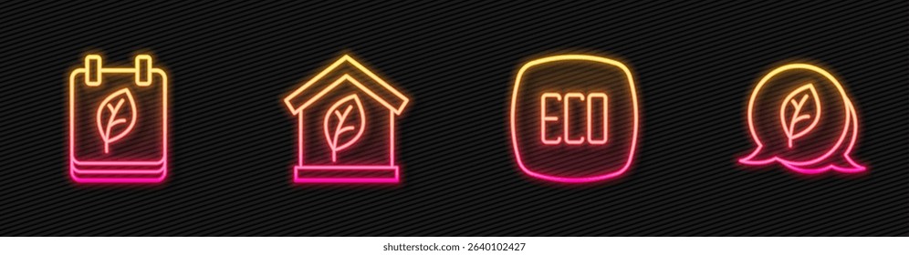 Set line Leaf Eco symbol, Calendar with autumn leaves, friendly house and . Glowing neon icon. Vector
