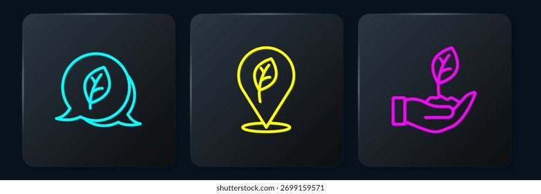 Set line Leaf Eco symbol, Plant in hand and Location with leaf. Black square button. Vector