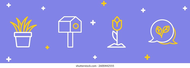 Set line Leaf, Flower tulip, Bird house and Plant in pot icon. Vector