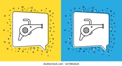 Fije la línea Icono del ventilador de jardín de hoja aislado en fondo amarillo y azul.  Ilustración vectorial