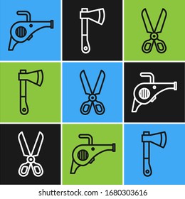 Fije la línea Leaf jardinera, tijeras y icono de cera de madera. Vector