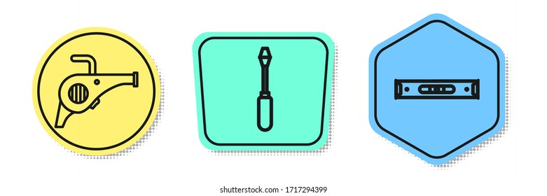 Set line Leaf garden blower, Screwdriver and Construction bubble level. Colored shapes. Vector