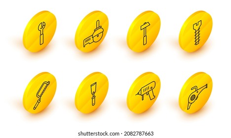 Set line Leaf garden blower, Electric drill machine, Putty knife, Hacksaw, Metallic screw, Hammer, Angle grinder and Adjustable wrench icon. Vector