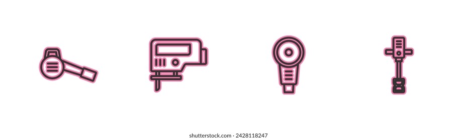 Soplador de jardín de hojas, amoladora angular, rompecabezas eléctrico e icono de mezclador de hormigón eléctrico de mano. Vector