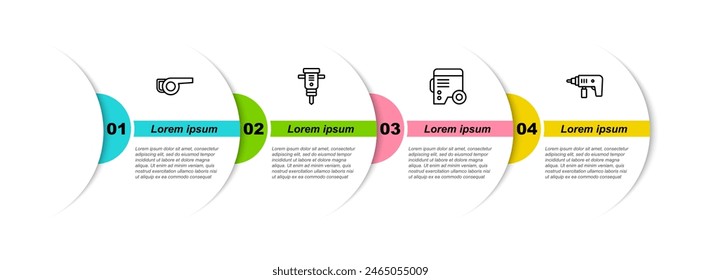 Soplador de jardín de hojas, martillo neumático de construcción, generador eléctrico de potencia y máquina de perforación eléctrica. Plantilla de infografía de negocios. Vector